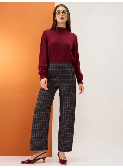 globus Women Black Checkered Mid-Rise Elasticated Back Straight Fit Formal Trousers