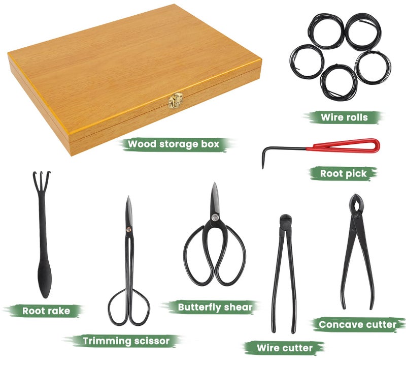 SOLIGT Bonsai Tools Set with Wood Box 12PCS Heavy Duty Bonsai Tree Kit, Trimming Scissor Shears, Concave Cutter, Wire Rolls, Wire Cutter and More, Gardening Pruning & Care Kit - Image 2