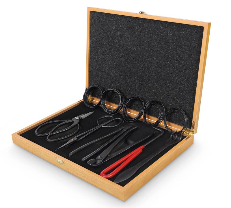 SOLIGT Bonsai Tools Set with Wood Box 12PCS Heavy Duty Bonsai Tree Kit, Trimming Scissor Shears, Concave Cutter, Wire Rolls, Wire Cutter and More, Gardening Pruning & Care Kit - Image 1