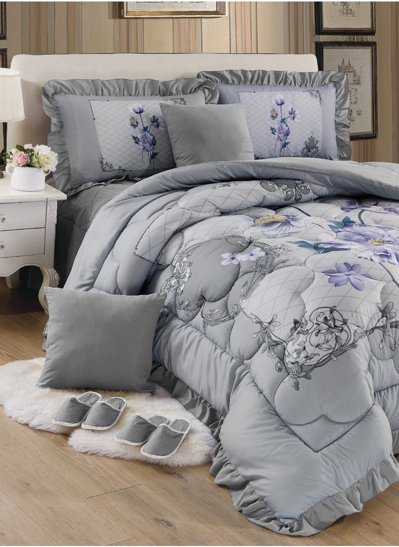 Moon - Bed In A Bag Medium Filling King Size Comforter Set, 10 Pcs Floral Bedding Set Size 220 X 240 Cm with Comforter, Quilted Bed Skirt, Pillowcases, Cushion & Bedroom Slipper, Multicolor - Image 1