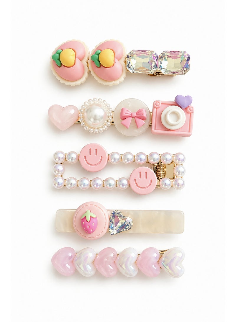 5-Piece Gold Hair Clips Set – Elegant Metal Bobby Pins / Pink - Image 1