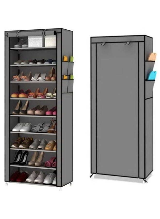 رف أحذية بسيط من 10 طبقات ، خزانة أحذية منزلية مقاومة للغبار ، موفرة للمساحة في الأماكن المغلقة عند مدخل المهجع ، رمادي - Image 1