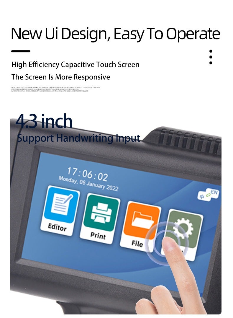 ديمين طابعة نافثة للحبر المحمولة الذكية M10 مع تصميم واجهة مستخدم جديدة بحجم 4.3 بوصة، آلة ترميز نافثة للحبر سريعة الجفاف لإنتاج رموز QR، باركود، تاريخ، وقت، شعار، ورقم دفعة بدقة 600 نقطة في البوصة. - Image 3