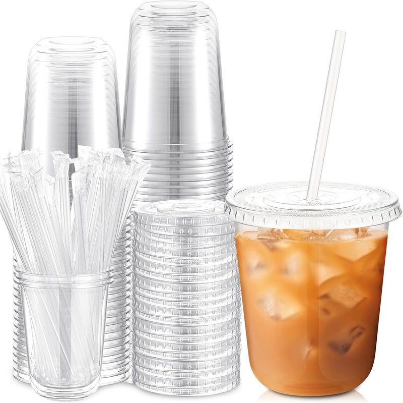 Ziliny 25 Sets Clear Plastic Cups with Lids and Straws, Disposable Iced Coffee Cups for Drinking, Cold Drinks, Juice, Smoothie, Pet Cup for Coffee Shops, Party, Christmas (14 oz) - Image 1