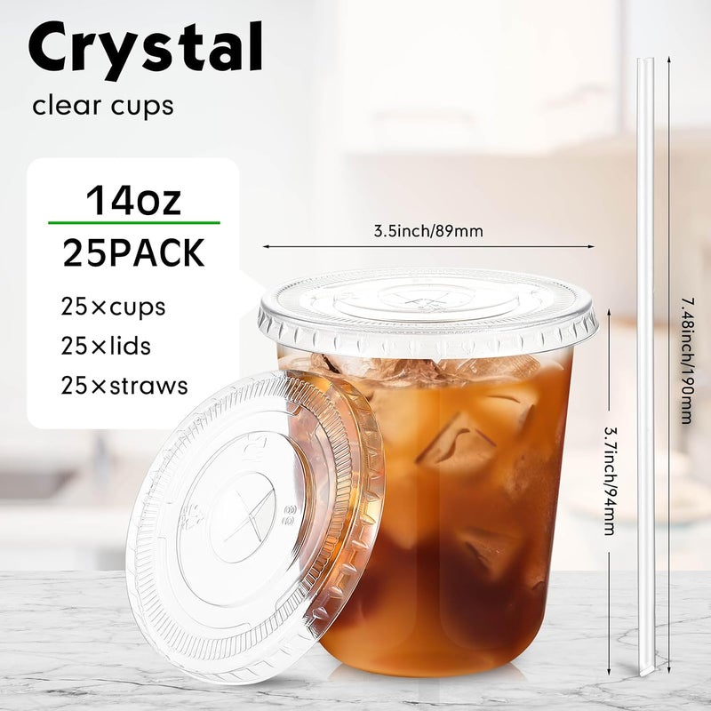 Ziliny 25 Sets Clear Plastic Cups with Lids and Straws, Disposable Iced Coffee Cups for Drinking, Cold Drinks, Juice, Smoothie, Pet Cup for Coffee Shops, Party, Christmas (14 oz) - Image 3