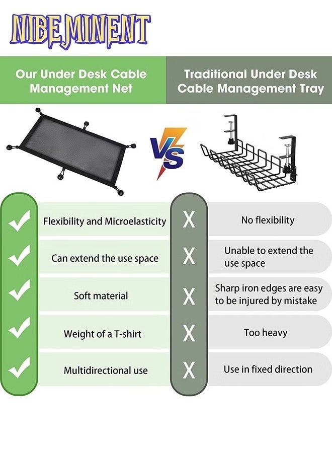 NIBEMINENT Under Desk Cable Management Net, 29PCS Under Table Cord Management Mesh Organizer Flexible Wire Hiders, Extra Large Capacity Wire Management Kit Under Desk, Fits Most Tables - Image 5