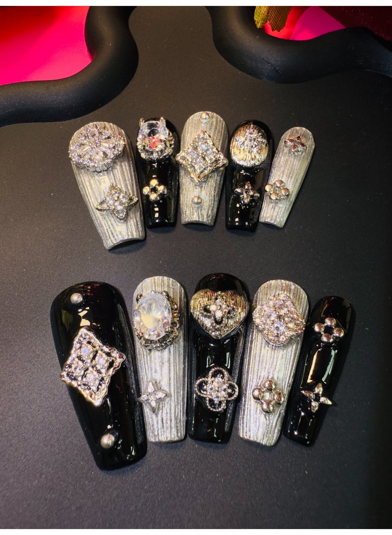 Pure Handcrafted Wearable Nail Art - Silver Black 3D Patch with Luxe Design, Long Ladder Style, Item No. x17 - Image 2