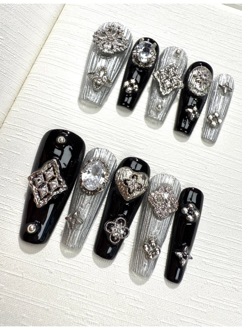 Pure Handcrafted Wearable Nail Art - Silver Black 3D Patch with Luxe Design, Long Ladder Style, Item No. x17 - Image 1