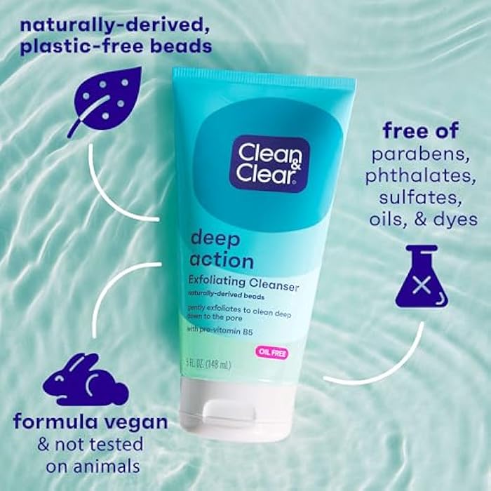 Clean & Clear Oil-Free Deep Action Exfoliating Facial Cleanser with Pro-Vitamin B5, Gentle Exfoliating Daily Face Wash Cleans Deep for Soft, Smooth, Hydrated Skin, Paraben-Free, 5 fl. oz - Image 5