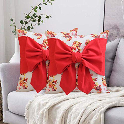 Dekor World 2 Piece Cotton Printed Tie Villa Collection Cushion Cover-for Living Room and Bedroom (Floral Red, Regular-40x40 cm) - Image 1