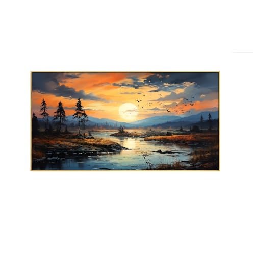 DEKORSTATION Beautiful Nature Sunset Over a River with Trees and Mountains Floating Frame Canvas Wall Painting for Living Room |Bedroom | Office | Drawing room |Hotels Decoration (12 Inch x 18 Inch) - Image 2