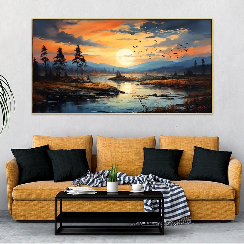 DEKORSTATION Beautiful Nature Sunset Over a River with Trees and Mountains Floating Frame Canvas Wall Painting for Living Room |Bedroom | Office | Drawing room |Hotels Decoration (12 Inch x 18 Inch) - Image 3