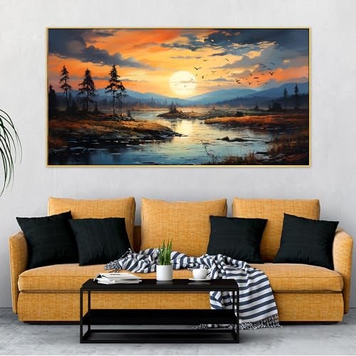 DEKORSTATION Beautiful Nature Sunset Over a River with Trees and Mountains Floating Frame Canvas Wall Painting for Living Room |Bedroom | Office | Drawing room |Hotels Decoration (12 Inch x 18 Inch) - Image 1