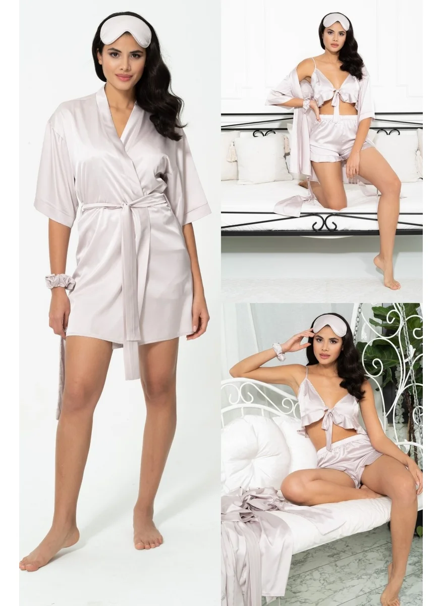 For You Sleepwear 6-Piece Stone Satin Pajama Shorts Set with Dressing Gown S26864