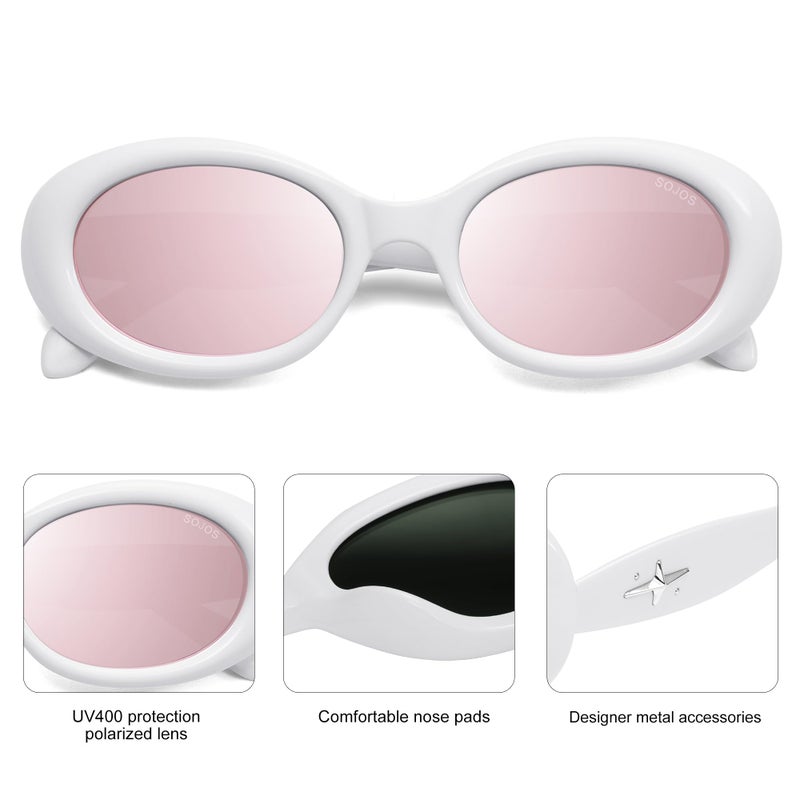 سوجوز SOJOS Small Retro Oval Polarized Sunglasses for Women Men 90s Vintage UV400 Protection Tiny Sun Glasses SJ2286,White/Pink Mirrored - Image 4