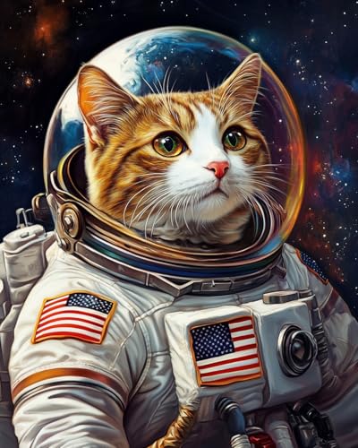 Tucocoo Cat DIY Paint by Numbers for Adults Cat Astronaut DIY Digital Oil Painting Acrylic Paint Planet Outer Space Painting Kits Canvas Wall Art Funny Room Decor 16x20 Inch Without Frame - Image 1
