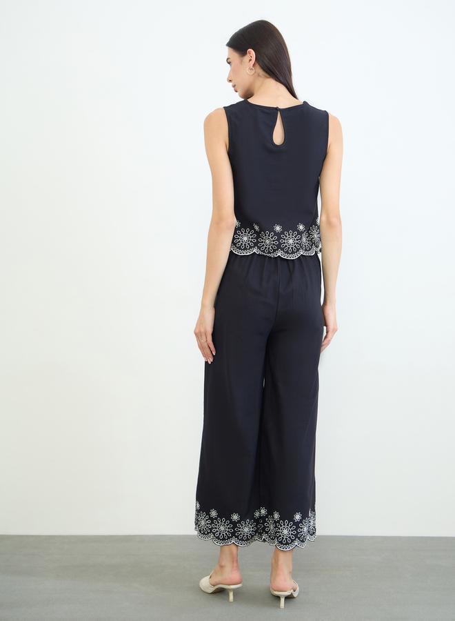 Styli Black Embroidered Top and Wide Leg Pants Set - Image 3