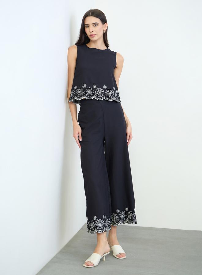 Styli Black Embroidered Top and Wide Leg Pants Set - Image 2