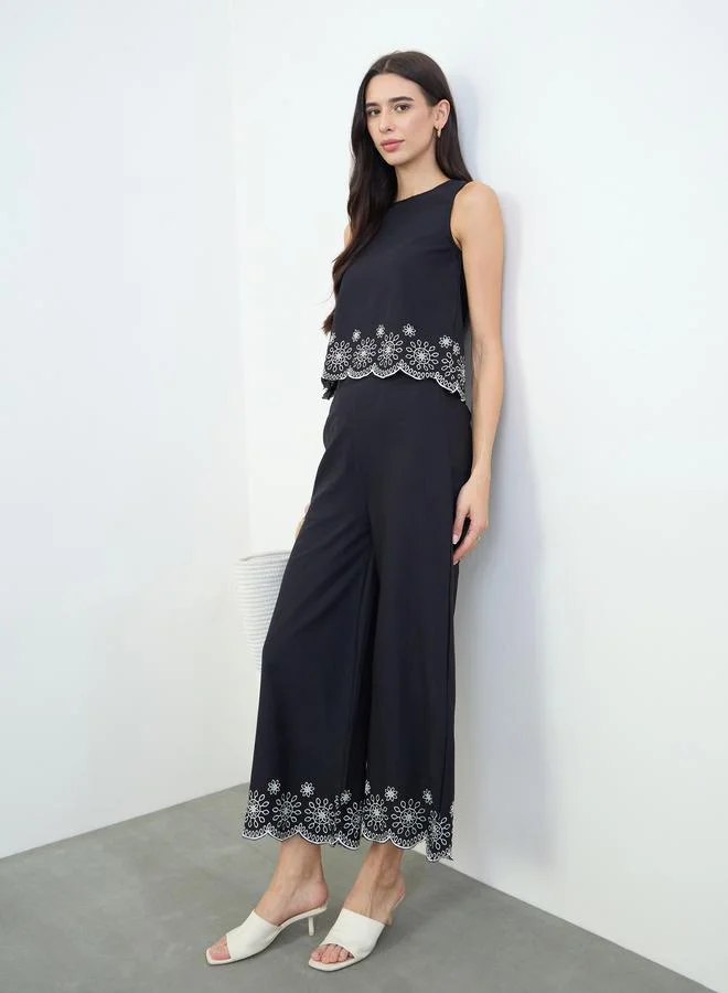 Black Embroidered Top and Wide Leg Pants Set