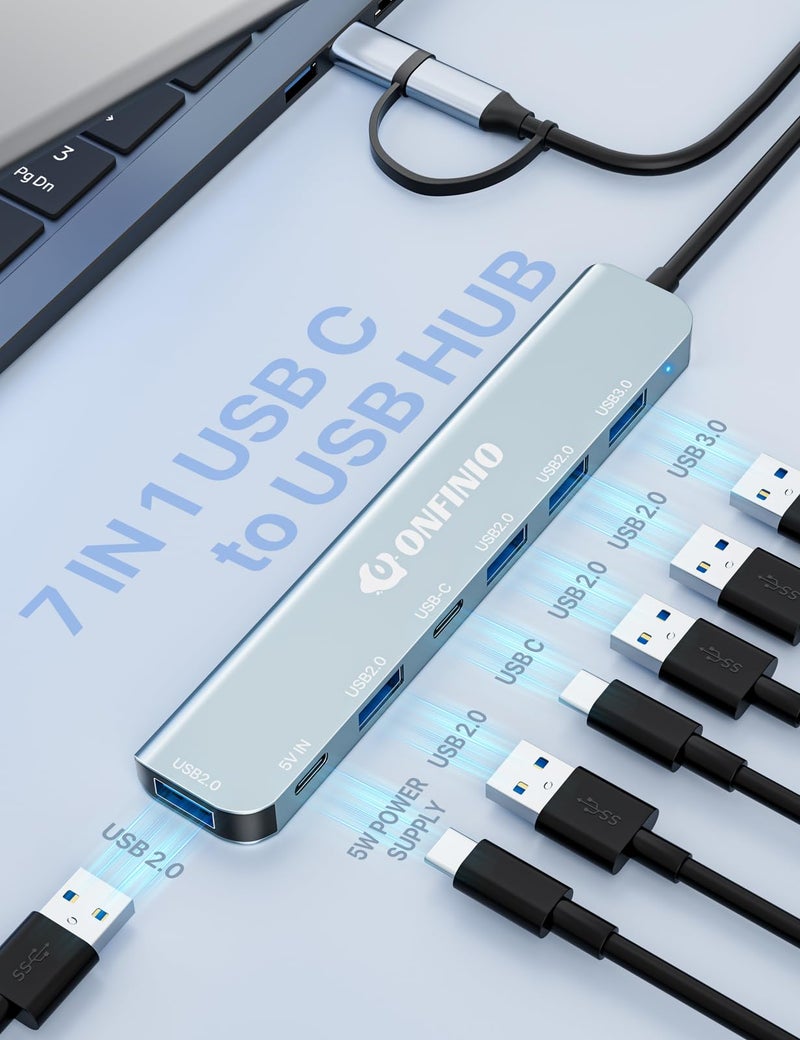 ONFINIO USB C/USB Hub Multiport Adapter,7 in 1 Aluminum USB 3.0 Hub with 1 *USB 3.0, 4*USB 2.0,1*USB C and 1 * 5IN Power Port for PC/Laptop/MacBook/iPad Pro and More Devices - Image 2