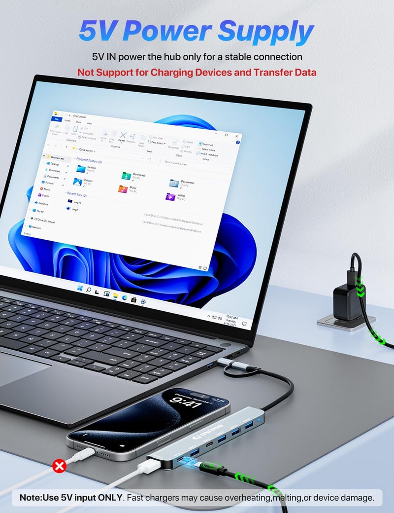 ONFINIO USB C/USB Hub Multiport Adapter,7 in 1 Aluminum USB 3.0 Hub with 1 *USB 3.0, 4*USB 2.0,1*USB C and 1 * 5IN Power Port for PC/Laptop/MacBook/iPad Pro and More Devices - Image 4