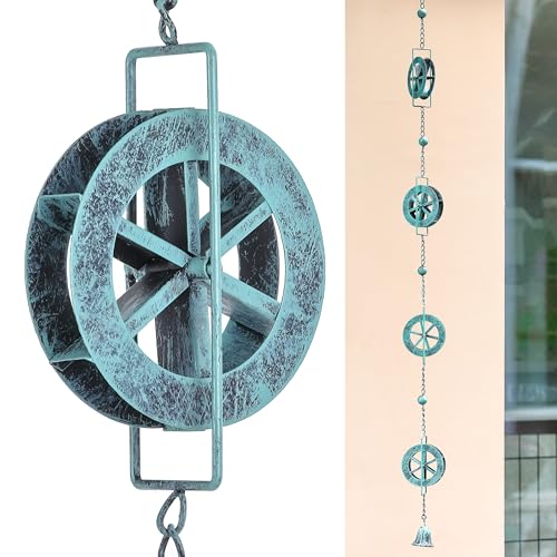 AINISIS 5.7 FT Water Wheel Rain Chains for Outside Blue Rain Chain for Gutters Garden Decorative Rain Catche Chain Downspout - Image 1