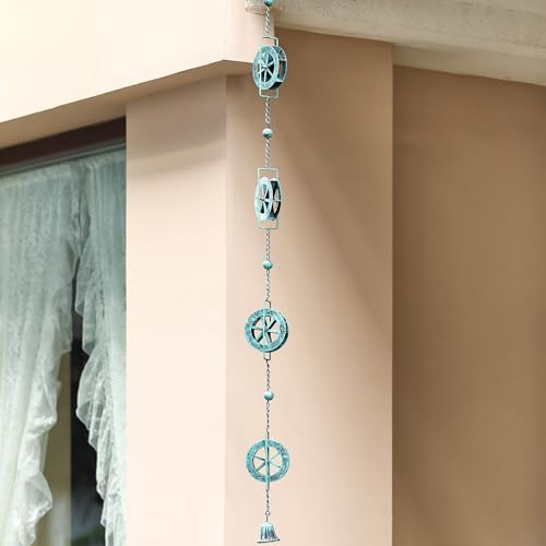 AINISIS 5.7 FT Water Wheel Rain Chains for Outside Blue Rain Chain for Gutters Garden Decorative Rain Catche Chain Downspout - Image 5