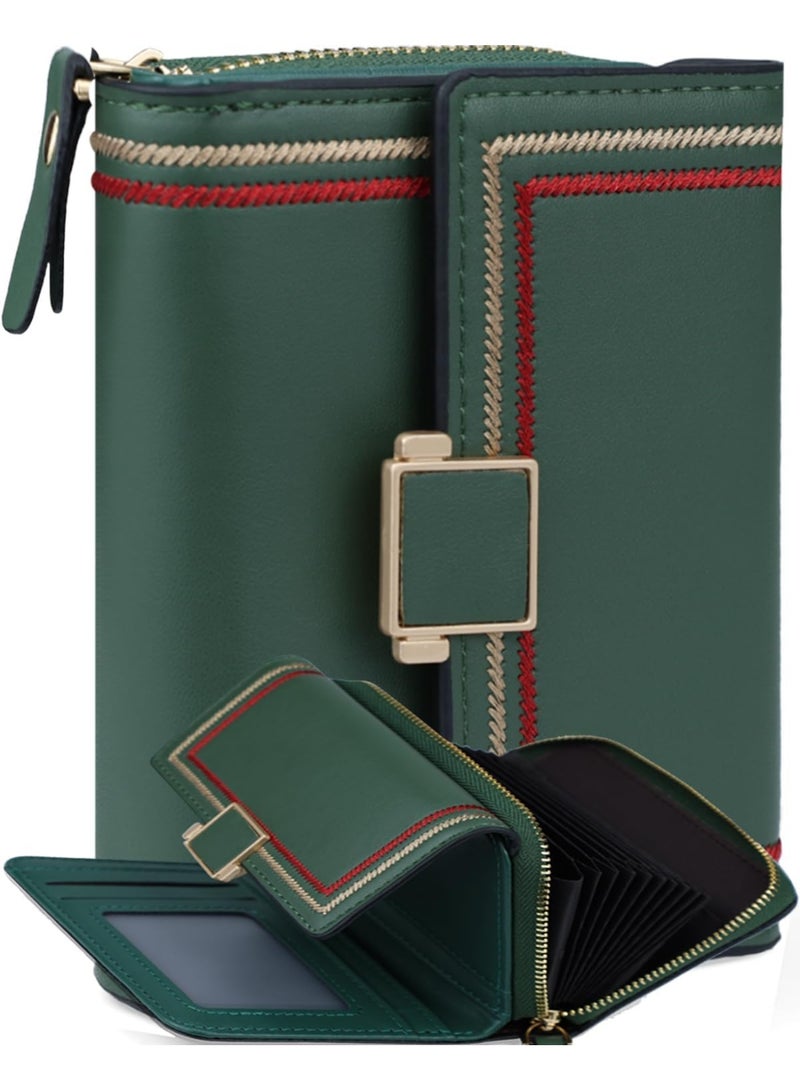 NANAO Women Wallet, Minimalist Design Women's Travel Wallets with ID Window, Credit Card Holder, Black Small Cash Wallets, Cute Leather Coin Purse, for Women Ladies and Girls (Green) - Image 1