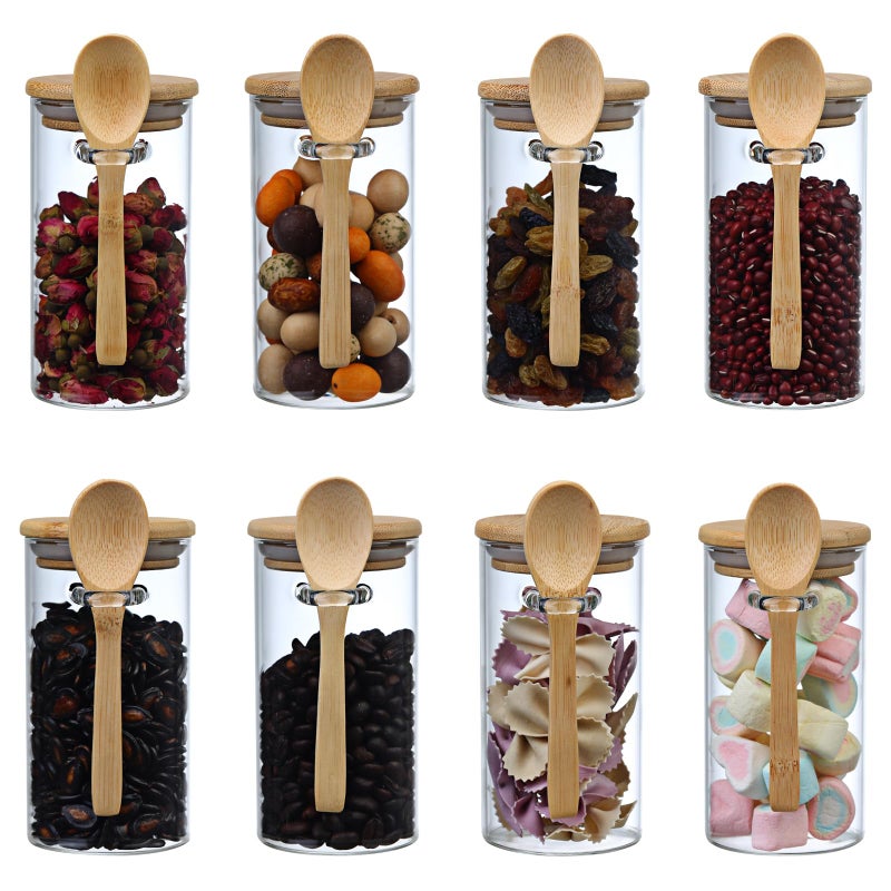 Recceng Glass Sugar Container with Spoon, 8 Pack 10oz Glass Tea Jars with Bamboo Lids and Spoons, Loose Leaf Tea Containers for Coffee Beans, Brown Sugar, Nuts, Candy, Bath Salts - Image 1