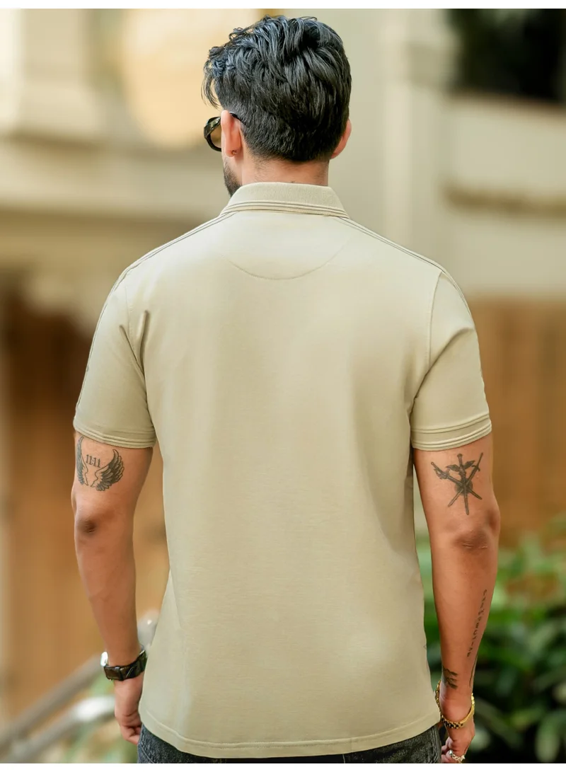 Maniac Maniac Mens Solid Polo Zipper Neck Half Sleeve Beige Cotton T-Shirt