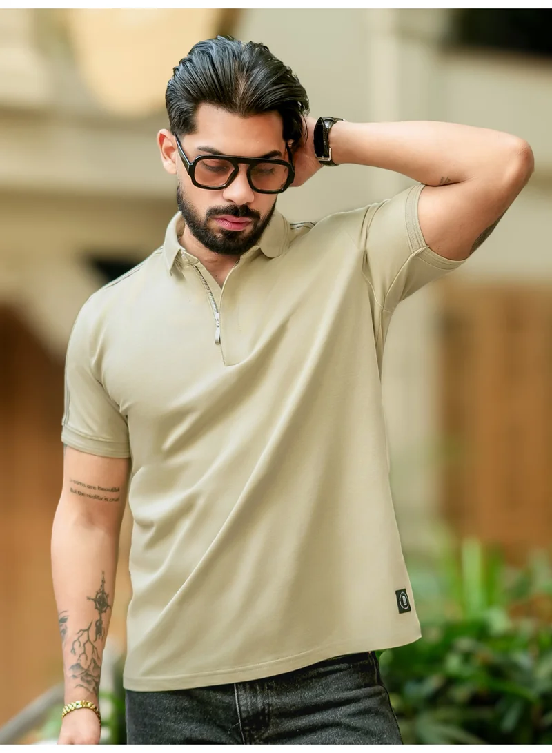 Maniac Maniac Mens Solid Polo Zipper Neck Half Sleeve Beige Cotton T-Shirt