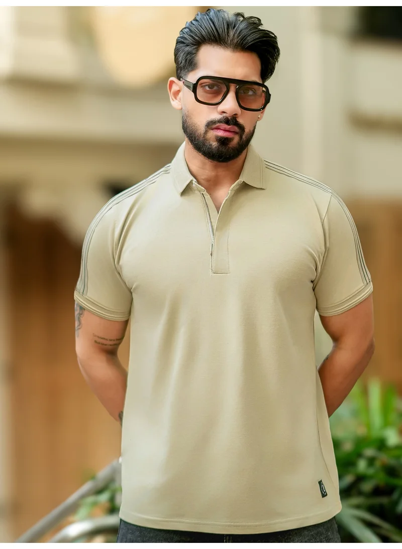 Maniac Maniac Mens Solid Polo Zipper Neck Half Sleeve Beige Cotton T-Shirt