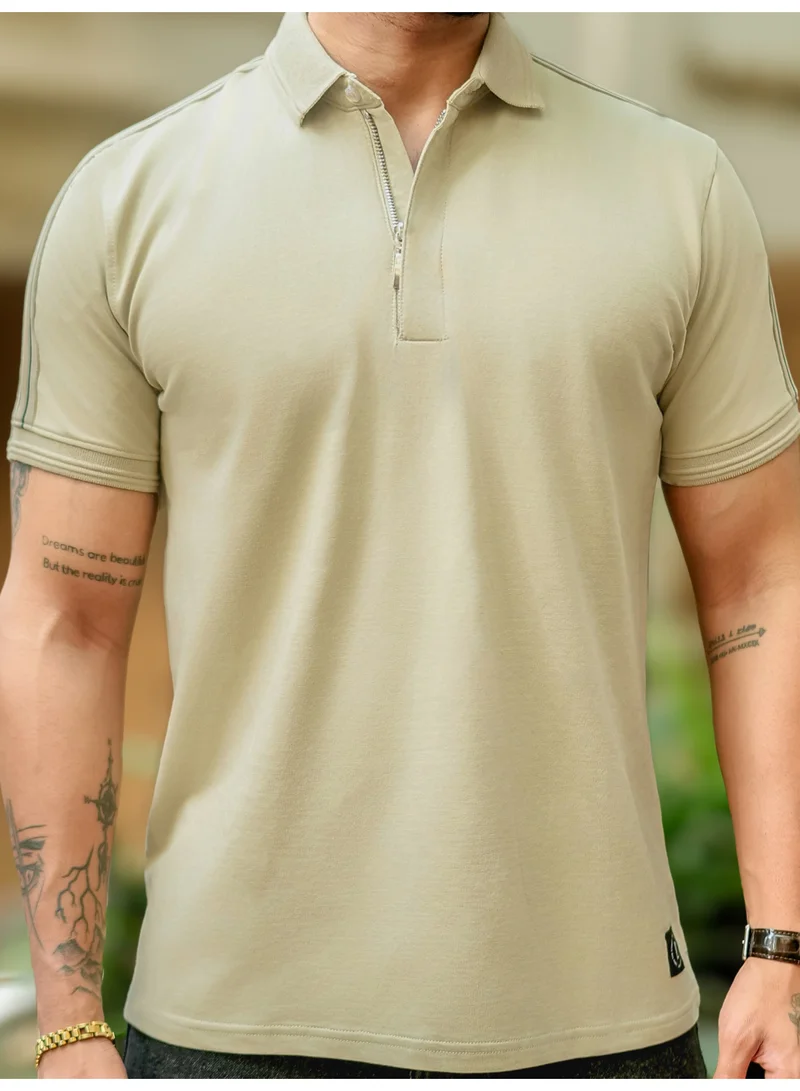 Maniac Maniac Mens Solid Polo Zipper Neck Half Sleeve Beige Cotton T-Shirt