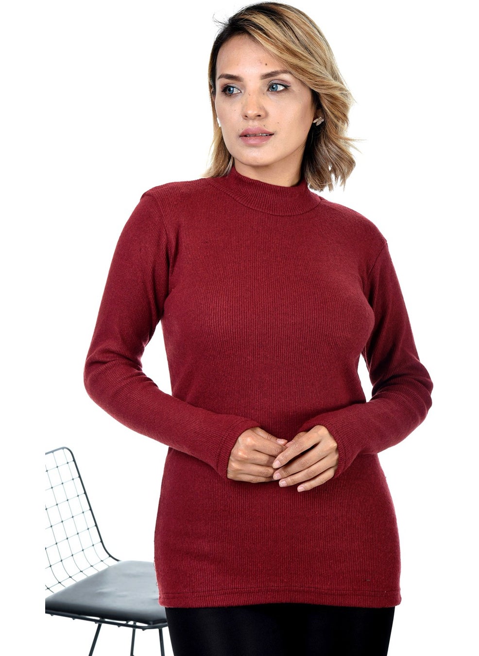 Belifanti Collection Women's Burgundy Half Turtleneck Sweater  - Image 2