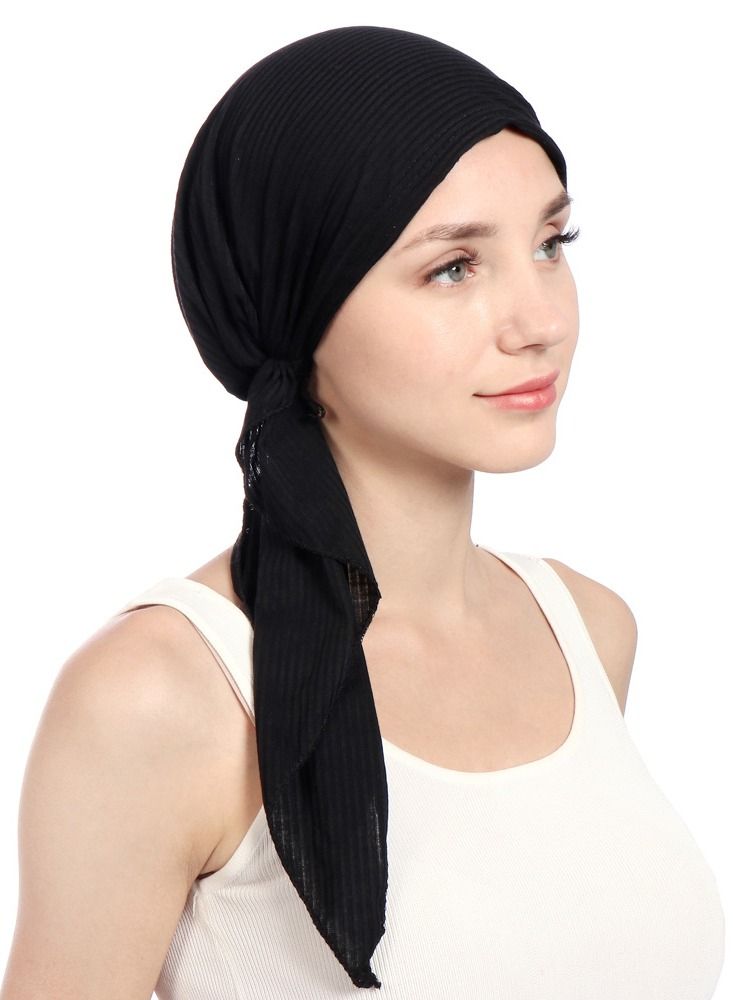 Joychic Women's Solid Color Wrinkle Turban Cotton Chemo Hat Casual Windproof Head Scarves Slip-On Pre-Tied Hijab  for Ladies All Seasons Black  - Image 1