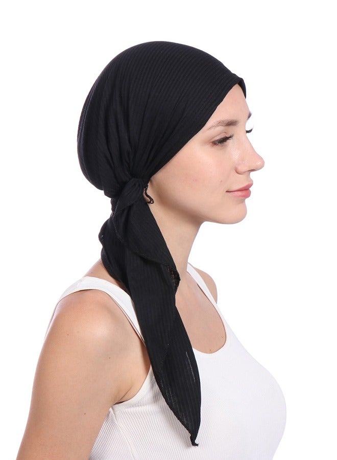 Joychic Women's Solid Color Wrinkle Turban Cotton Chemo Hat Casual Windproof Head Scarves Slip-On Pre-Tied Hijab  for Ladies All Seasons Black  - Image 2