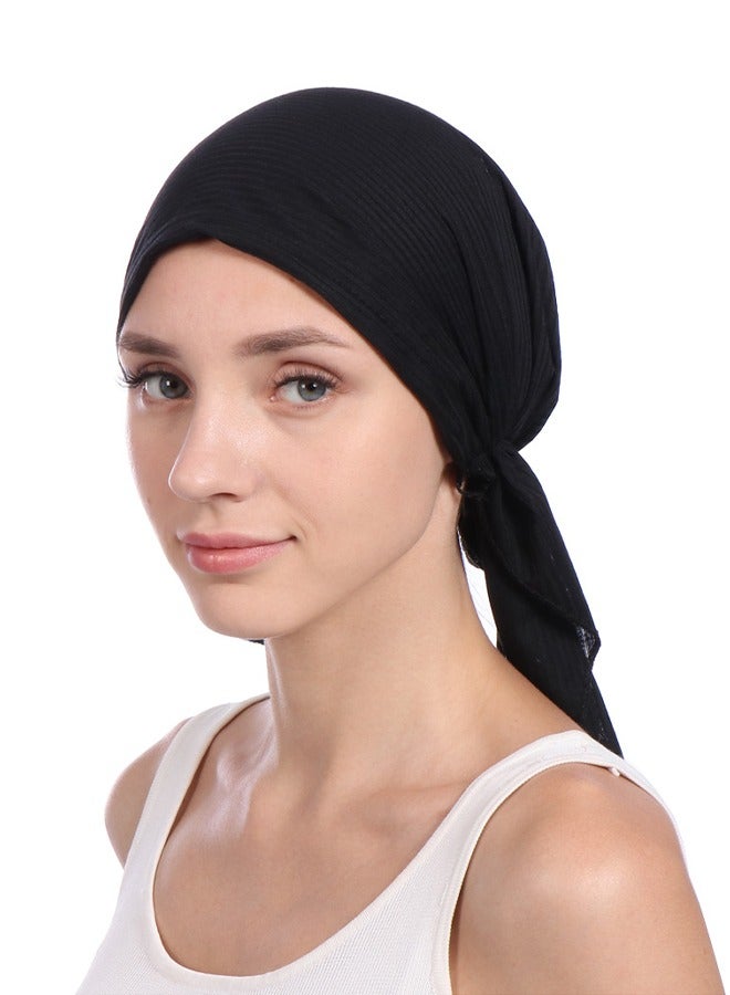 Joychic Women's Solid Color Wrinkle Turban Cotton Chemo Hat Casual Windproof Head Scarves Slip-On Pre-Tied Hijab  for Ladies All Seasons Black  - Image 3