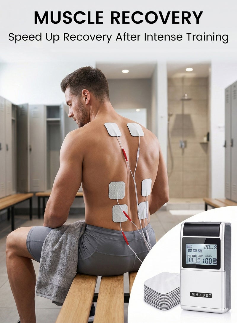 أكسبيه جهاز تدليك EMS TENS بـ48 وضعًا مع 8 لاصقات TENS، جهاز تحفيز عضلي قابل للشحن، جهاز تدليك مريديان، تخفيف آلام الظهر والعنق والكتفين، مريح للعضلات، جهاز تحفيز، علاج كهربائي، فضي - Image 5