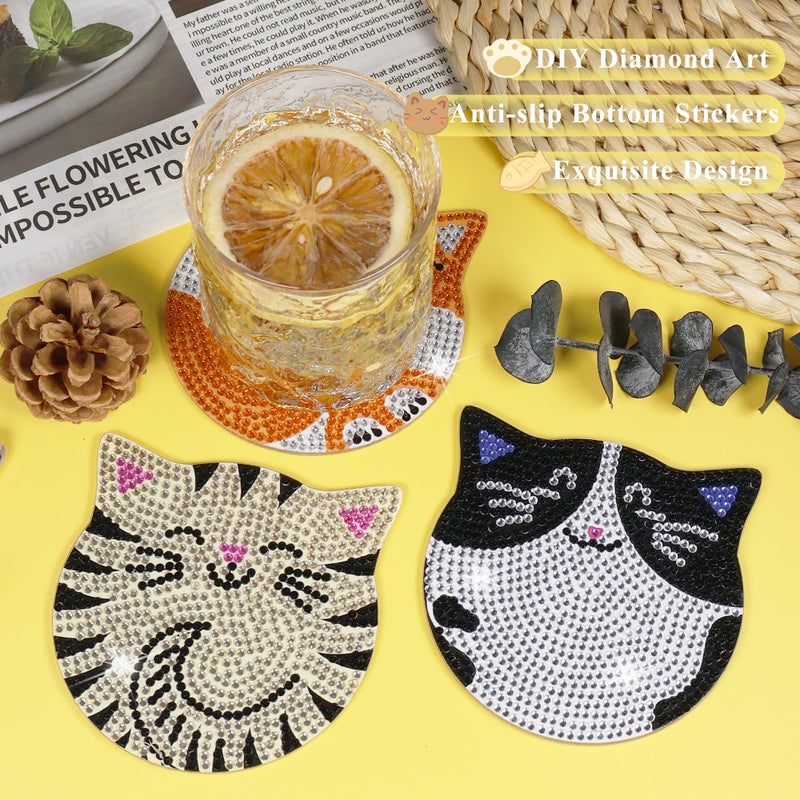 Vcekract Diamond Painting Coasters Kits, 6 Pcs Cat Diamond Art Coasters with Holder, Crafts Kits for DIY Coasters, Diamond Art Kits for Adults - Image 2