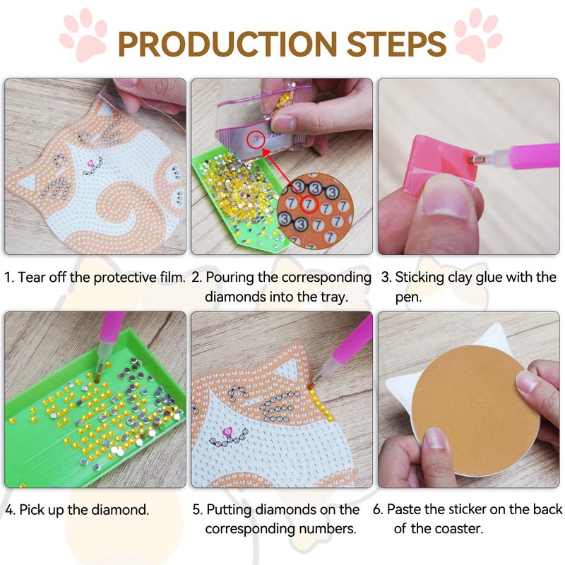 Vcekract Diamond Painting Coasters Kits, 6 Pcs Cat Diamond Art Coasters with Holder, Crafts Kits for DIY Coasters, Diamond Art Kits for Adults - Image 4