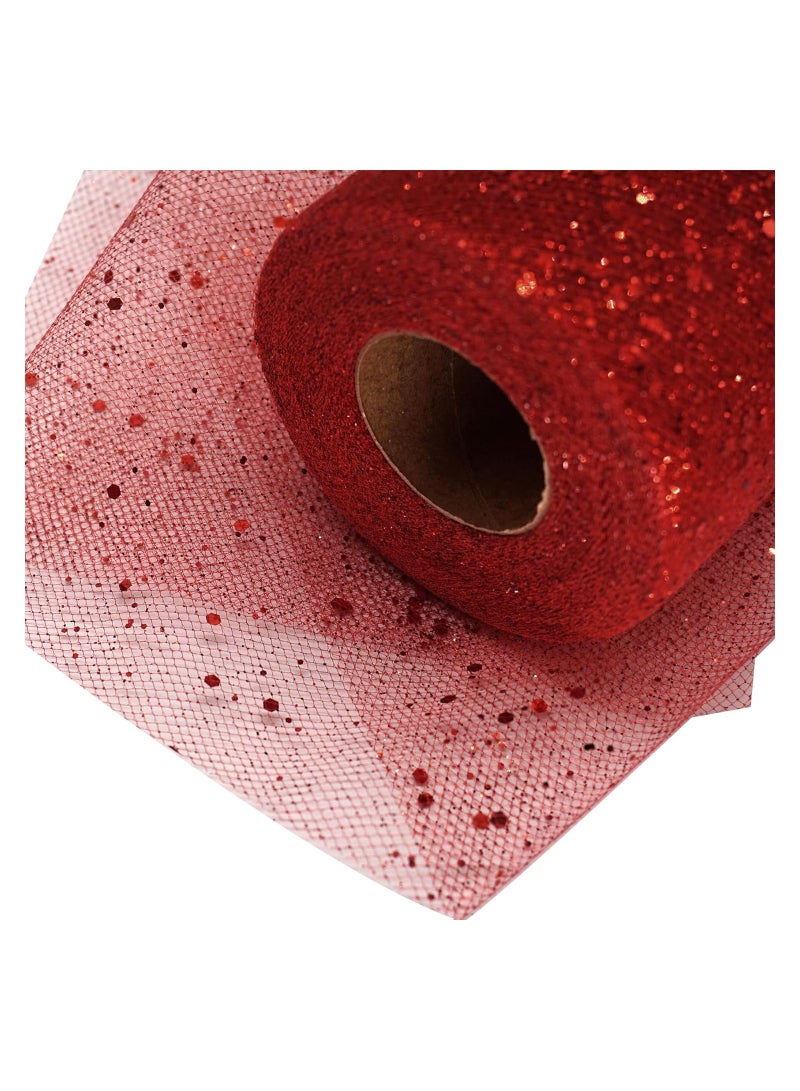 SYOSI Glitter Tulle Fabric Rolls 6 Inch 25 Yards(22.86M) Sequin Sparkling Ribbon Spool Netting for Wedding, Tutu Skirt, Gift Wrapping, Party Decoration (Red)  - Image 1