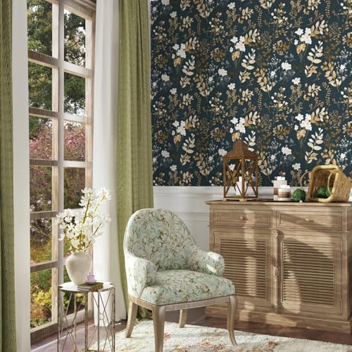 Laatse Floral Wallpaper Peel and Stick Vintage Wallpaper Boho Navy Contact Paper Waterproof Self Adhesive Modern Gold Leaf Wall Paper for Cabinet Walls Kitchen 175in x118in - Image 3
