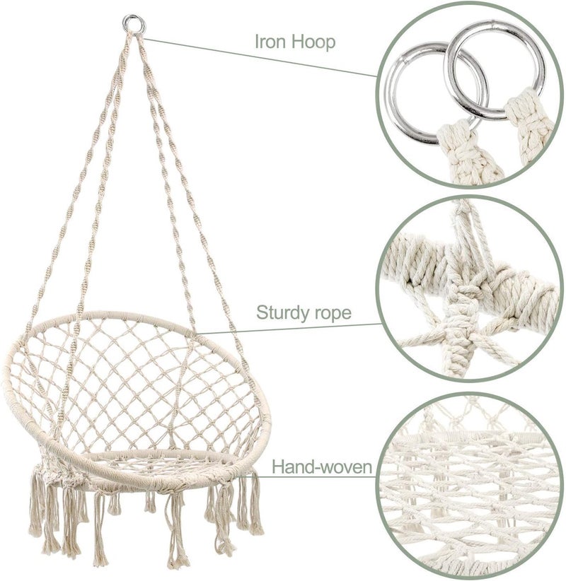 DD FC Hammock Chair Macrame Swing with Hanging Hardware Kit, Handmade Knitted Cotton Rope Hanging Chair, for Indoor Outdoor,(beige) - Image 2