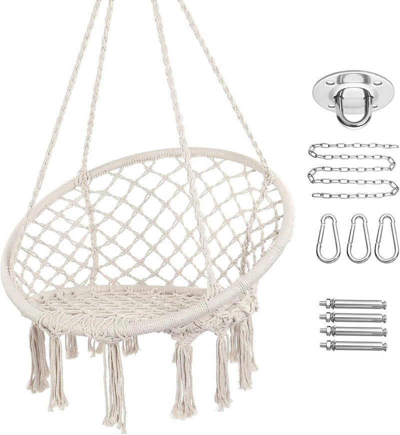 DD FC Hammock Chair Macrame Swing with Hanging Hardware Kit, Handmade Knitted Cotton Rope Hanging Chair, for Indoor Outdoor,(beige) - Image 1