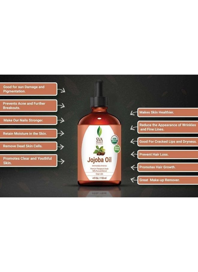 SVA Organics - Jojoba Oil Organic Cold Pressed USDA Certified with Dropper 4 Oz Pure Cold Pressed Unrefined Carrier Oil for Skin, Hair, Face, Massage, Nails - Image 1