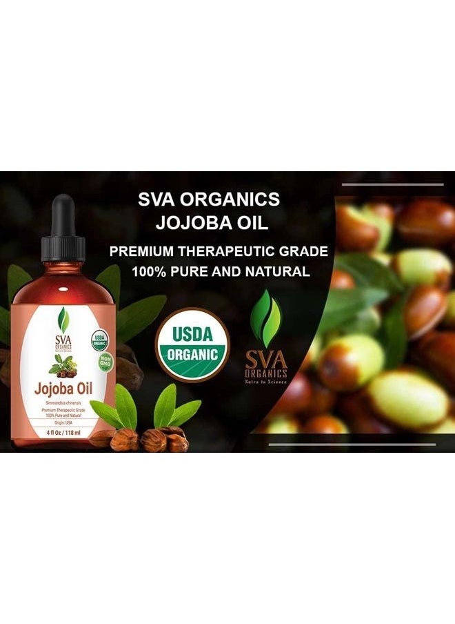 SVA Organics - Jojoba Oil Organic Cold Pressed USDA Certified with Dropper 4 Oz Pure Cold Pressed Unrefined Carrier Oil for Skin, Hair, Face, Massage, Nails - Image 1