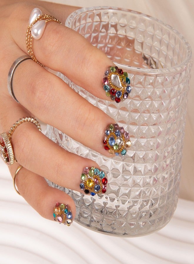 LOVFUL Press on Nails Rainbow Luxe | Handmade with Full Covered Crystals | Reusable Full Cover Nails | Square Short 0.8 in | K21(YH482)-M - Image 4