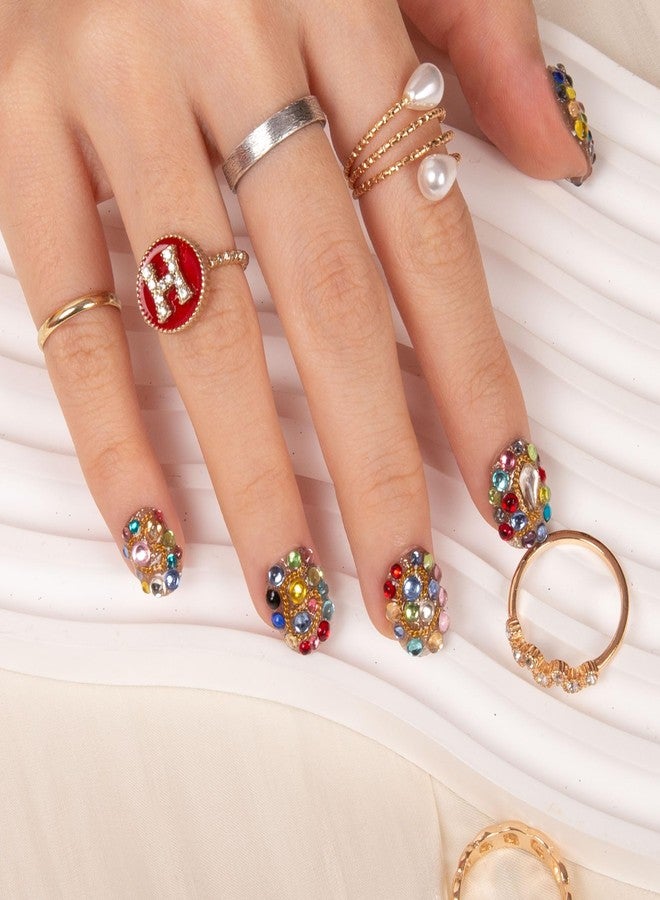 LOVFUL Press on Nails Rainbow Luxe | Handmade with Full Covered Crystals | Reusable Full Cover Nails | Square Short 0.8 in | K21(YH482)-M - Image 2