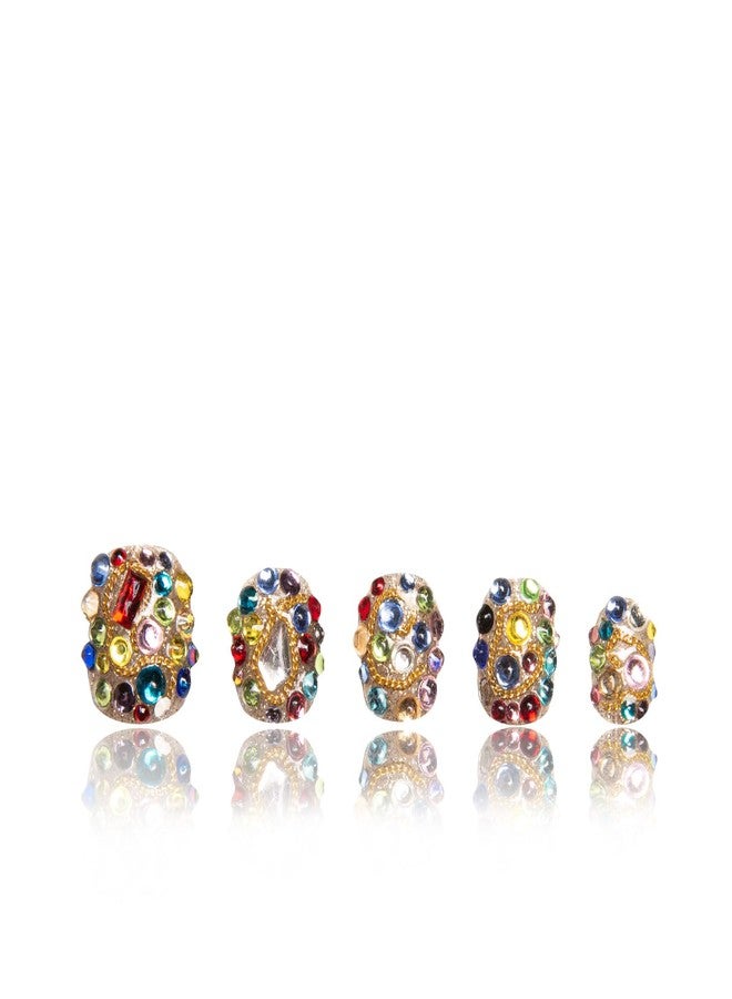LOVFUL Press on Nails Rainbow Luxe | Handmade with Full Covered Crystals | Reusable Full Cover Nails | Square Short 0.8 in | K21(YH482)-M - Image 1