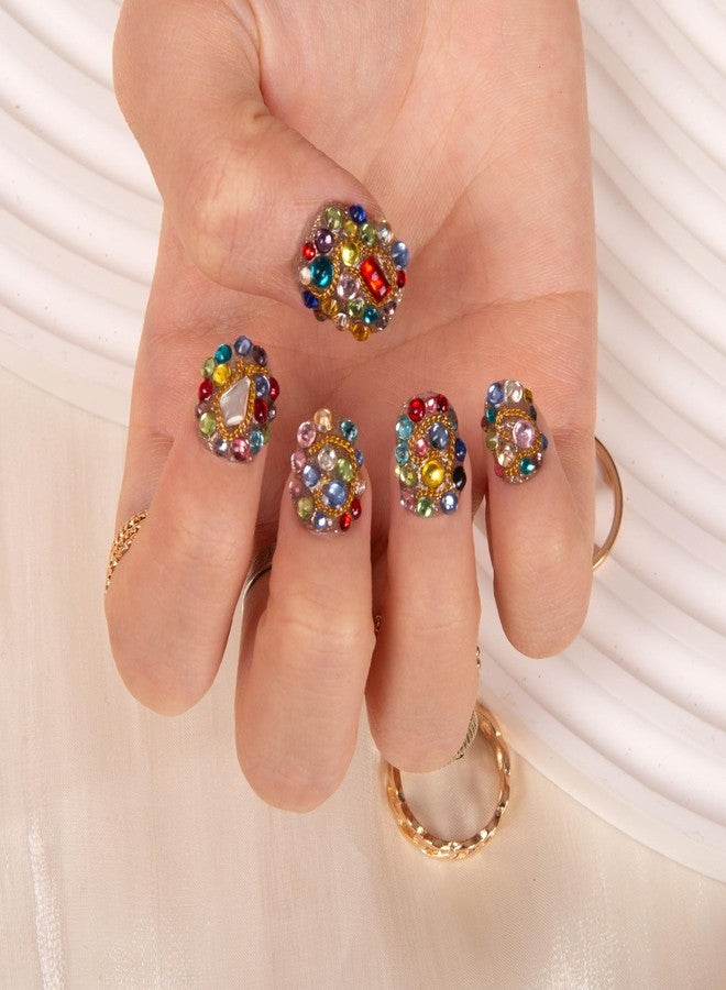 LOVFUL Press on Nails Rainbow Luxe | Handmade with Full Covered Crystals | Reusable Full Cover Nails | Square Short 0.8 in | K21(YH482)-M - Image 3